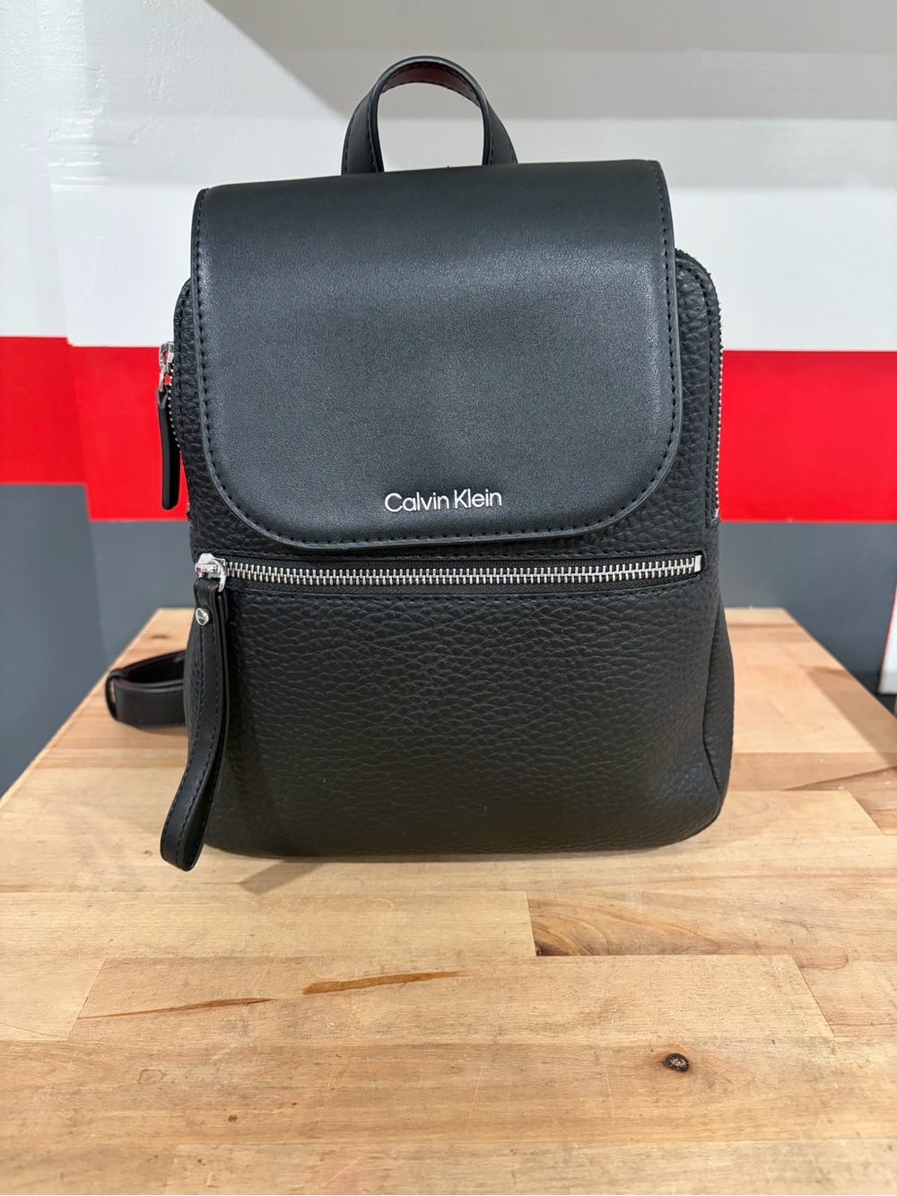 Calvin Klein Black Mini Flap Backpack with Front Zip